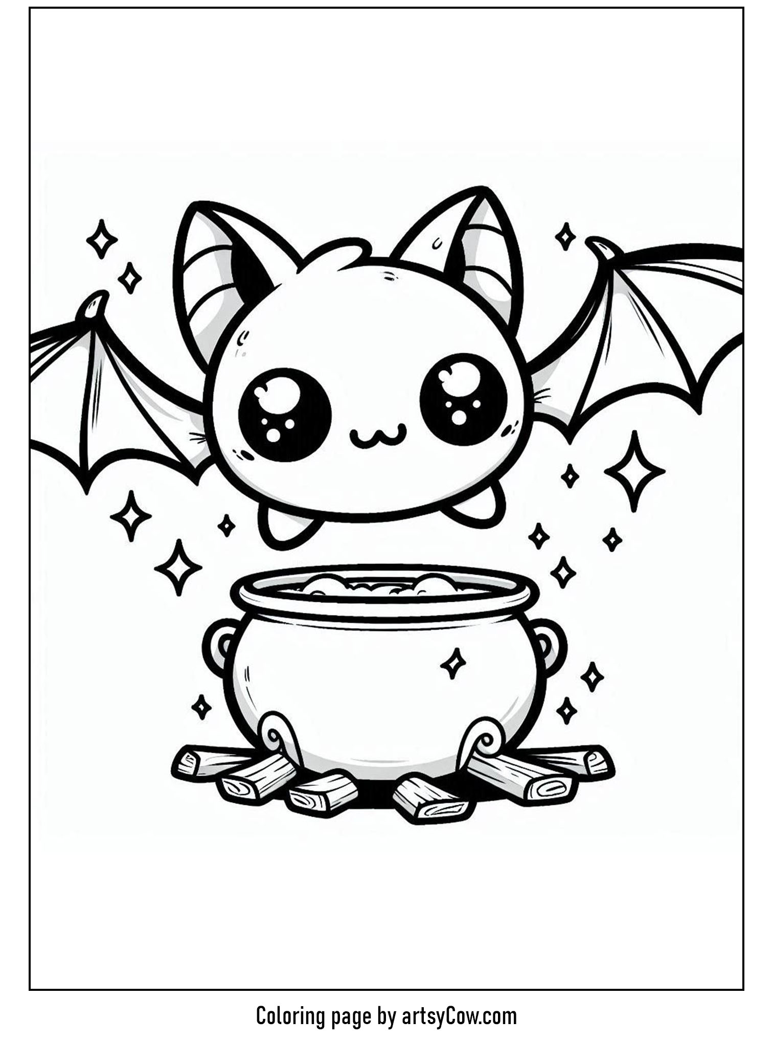 Perfect for a whimsical Halloween activity, this coloring page highlights a charming character blending kitten and bat features beside a magical cauldron. Spark your child's creativity with these halloween coloring pages with bats! Click to explore more and don't forget to save it to your Halloween craft ideas.